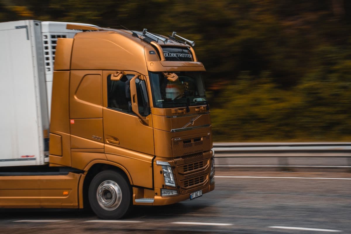 Volvo HGV articulated lorry on a motorway